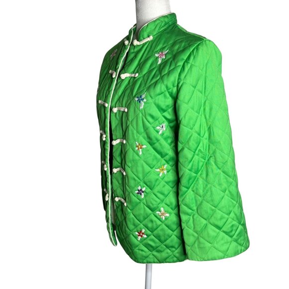 Vintage 70s Alfred Shaheen Quilted Asian Coat Small Green Frog Button Bell Sleev - Picture 3 of 6